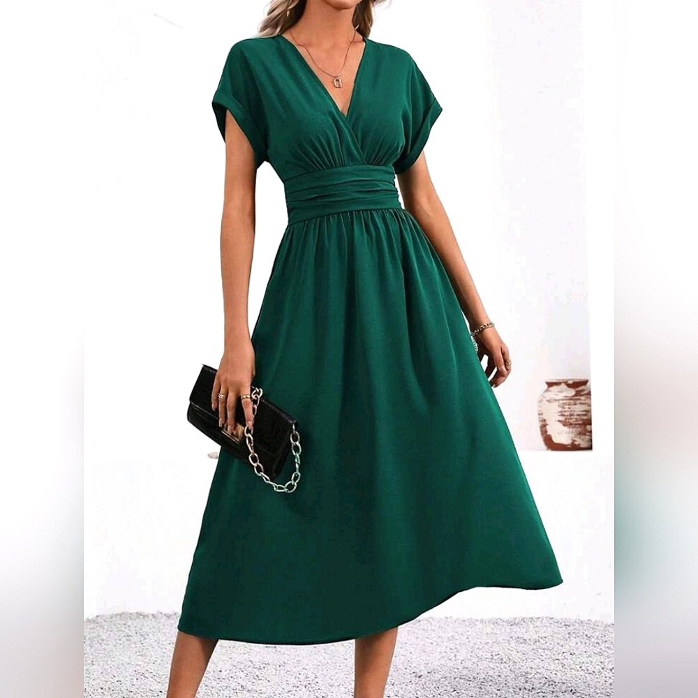 New Chic Ruched Waist Wrap Top Midi Dress Dark Green